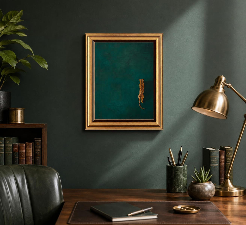 Gold Framed 3D Textured Wall Art, Vintage Green Cheetah Canvas Prints, Minimalist Emerald Green Leopard Pictures