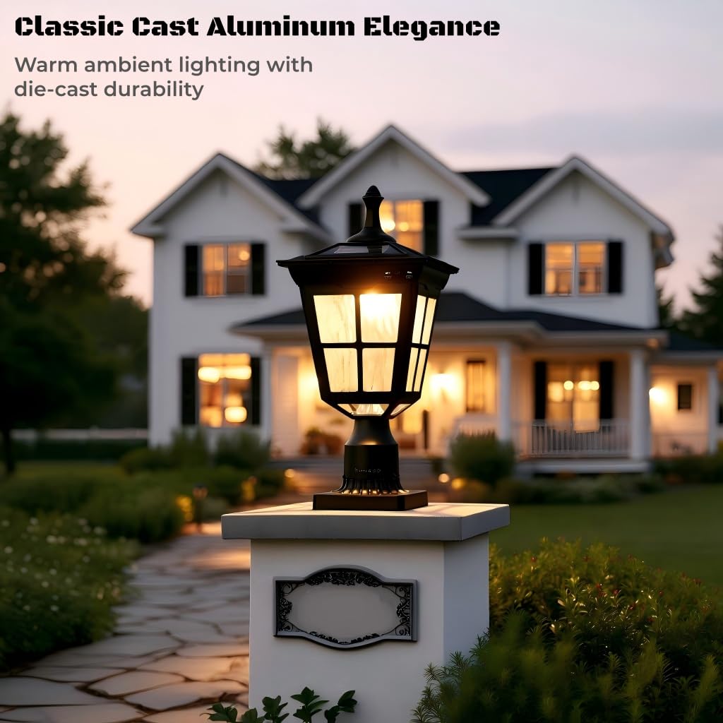 Solar Lamp Post Light, Cast Aluminium Waterproof LED with Glass Outdoor Dusk to Dawn Solar Post Light for