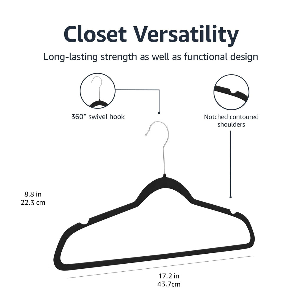 Basics Slim Velvet Non-Slip Space Saving Suit Clothes Hangers, Closet Organizer, Black/Silver, 100-Pack