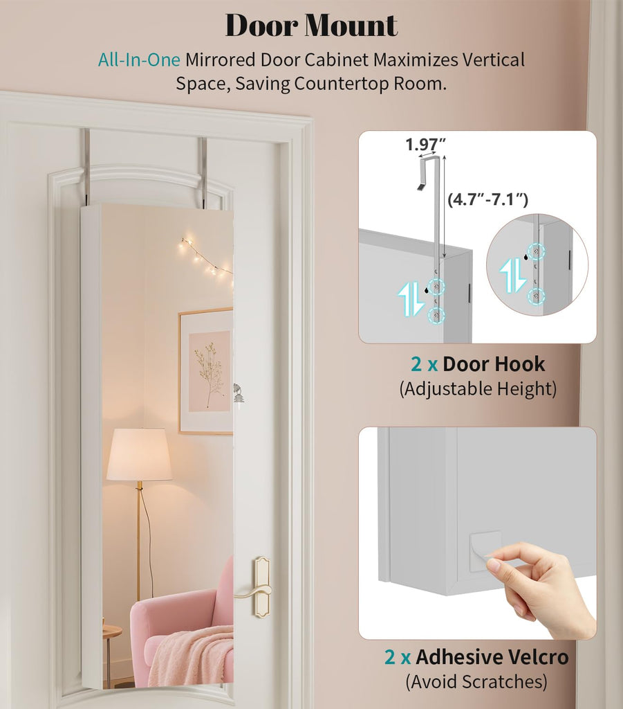 LED Mirror Jewelry Cabinet, Over Door/Wall Mounted Jewelry Organizer