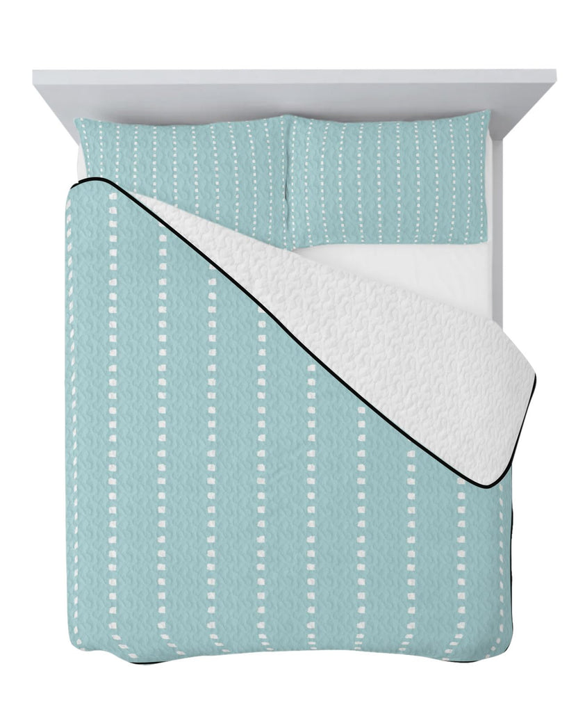 Ticking Quilt Set 3 Pieces Quilted Bedspread- Soft, Light Airy Mint Blue Lightweight Quilt with 2 Pillow