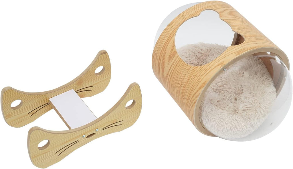 Wooden Cat Bed Capsule, Spaceship Modern Cat Bed with Acrylic Dome, Large Transparent Capsule Indoor Cat House, Pet