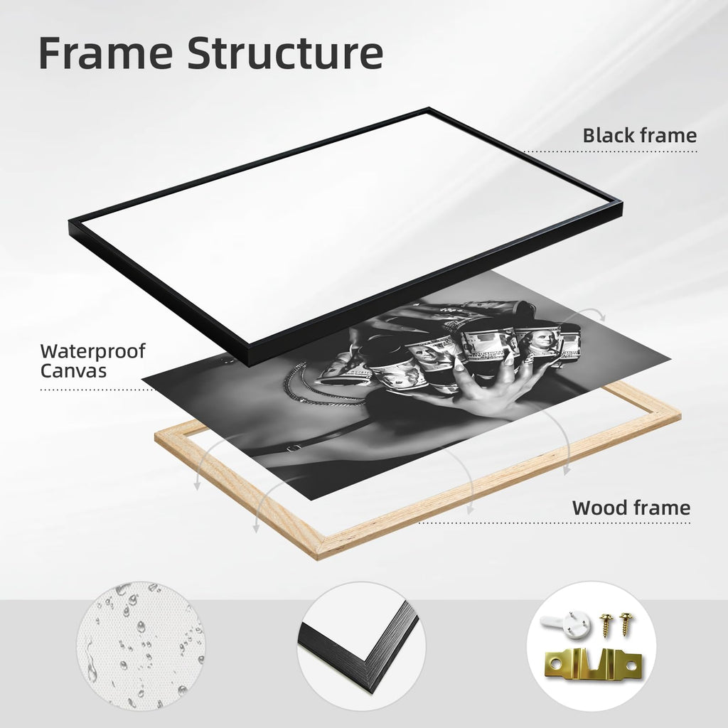 Framed Black Woman with Money on Head Wall Art Trendy Black and White Canvas Print Luxury Money Hair Rollers Fashion