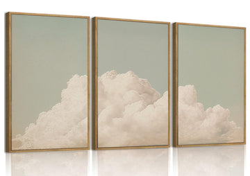 Abstract Wall Art Set of 3, Modern Framed Canvas Wall Art, Neutral Minimalist Cloud Wall Art, Dreamy Sky Landscape