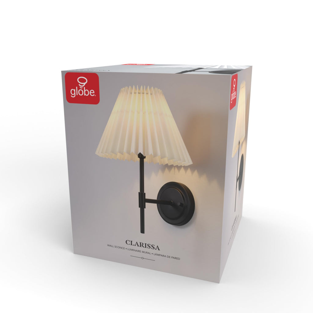 Wall Sconce, Matte Black, White Pleated Fabric Shade, E12 Base Socket, Candelabra Bulb, Living Room Lighting