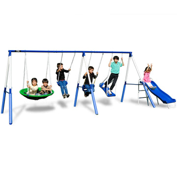 TSC Malibu Swing Set for Kids, Outdoor Metal Playset with 5ft Slide, 38" Saucer, Surfboard Swing, Standing &