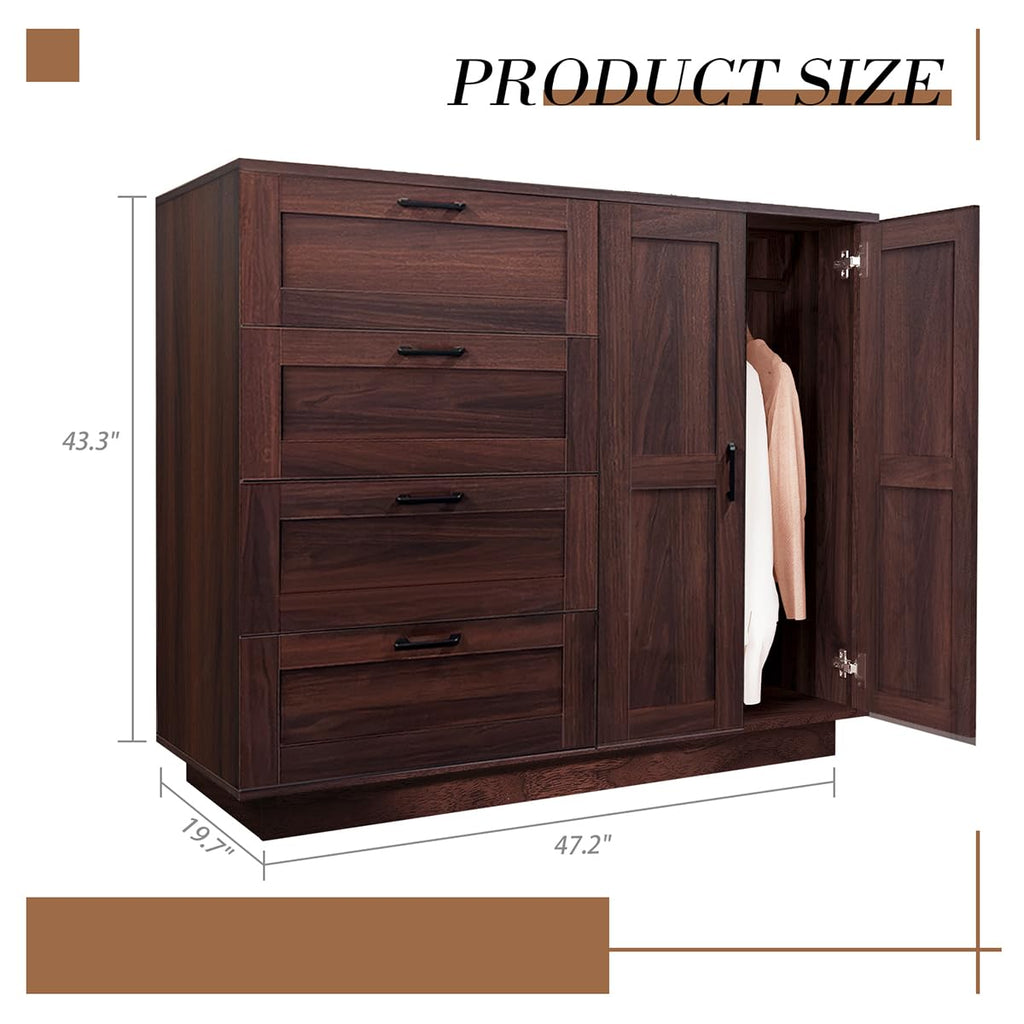 43.3'' H LED Bedroom Armoire with Drawers and 2 Doors, Farmhouse Wooden Armoire and Wardrobe Cabinet, Closet with