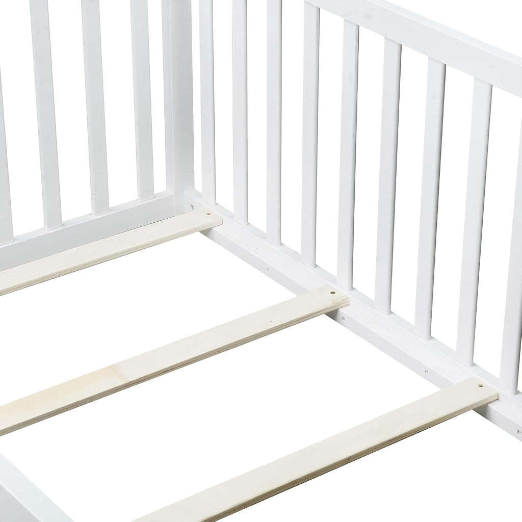 Twin Size Floor Bed with Slats and Door, Twin Size Montessori Floor Bed with High Fence, Low Profile Montessori Beds
