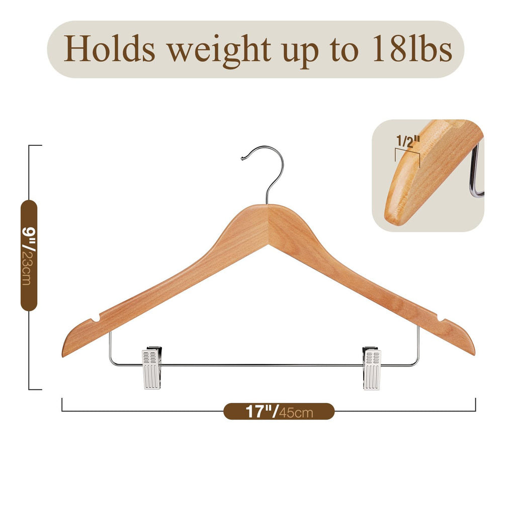 Wooden Hangers with Clips 24 Pack Wooden Pants Hangers, Skirt Hangers with Adjustable Clips, Hangers for
