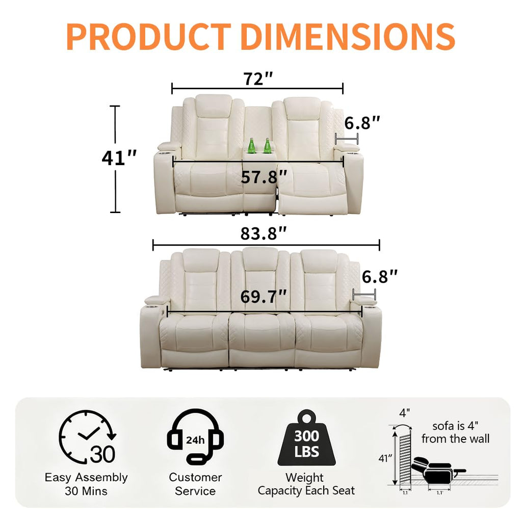 Living Room Furniture Sets with LED, Power Reclining Couch Set, Include 1 Loveseat, 3 Seat Sofa, Modern Creamy White