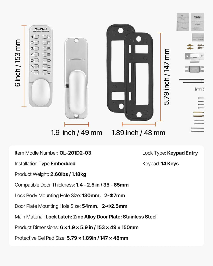 Mechanical Keyless Entry Door Lock, 14 Key Mechanical Door Lock, Mechanical Keypad Door Knob, Single-Side Stainless