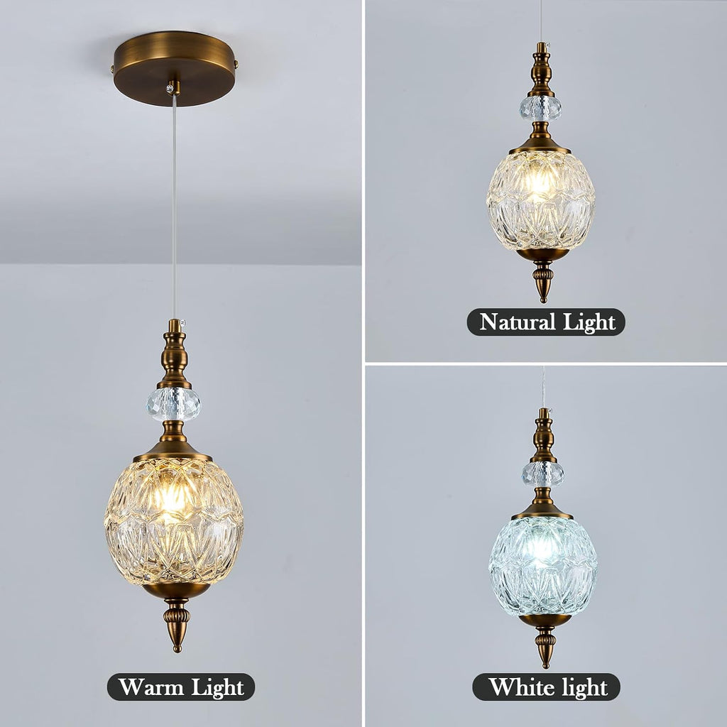 Vintage Glass Pendant Light Antique Brushed Gold Chandelier 4.72" Mini Adjustable Hanging Ceiling Light Fixture for