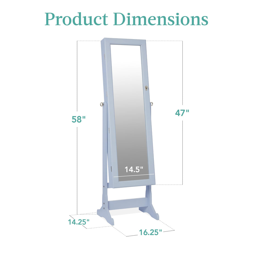 Freestanding Jewelry Armoire Cabinet, Full Length Standing Mirror, Lockable Makeup Storage Organizer, w/Velvet