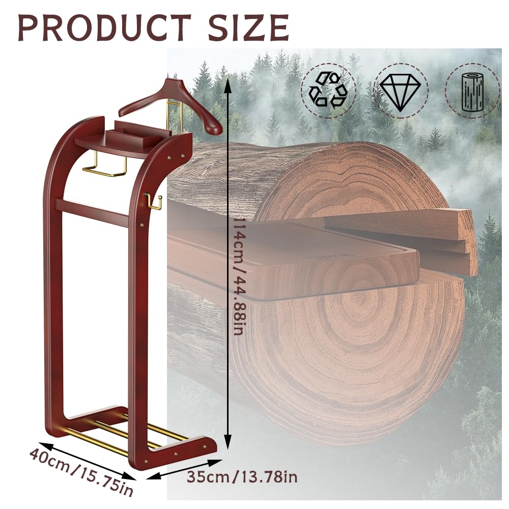Suit Valet Stands for Women and Men, Wood Valet Stand with Base, Wardrobe Suit Valet Stand Organizer with Trouser Bar