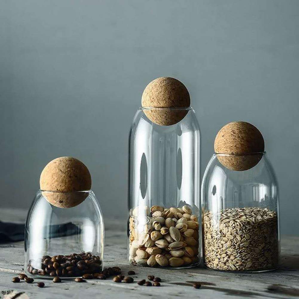 40Oz Clear Glass Storage Cute Canister Holder Ball Wood Cork Top, Modern Decorative Cylinder Container Jar