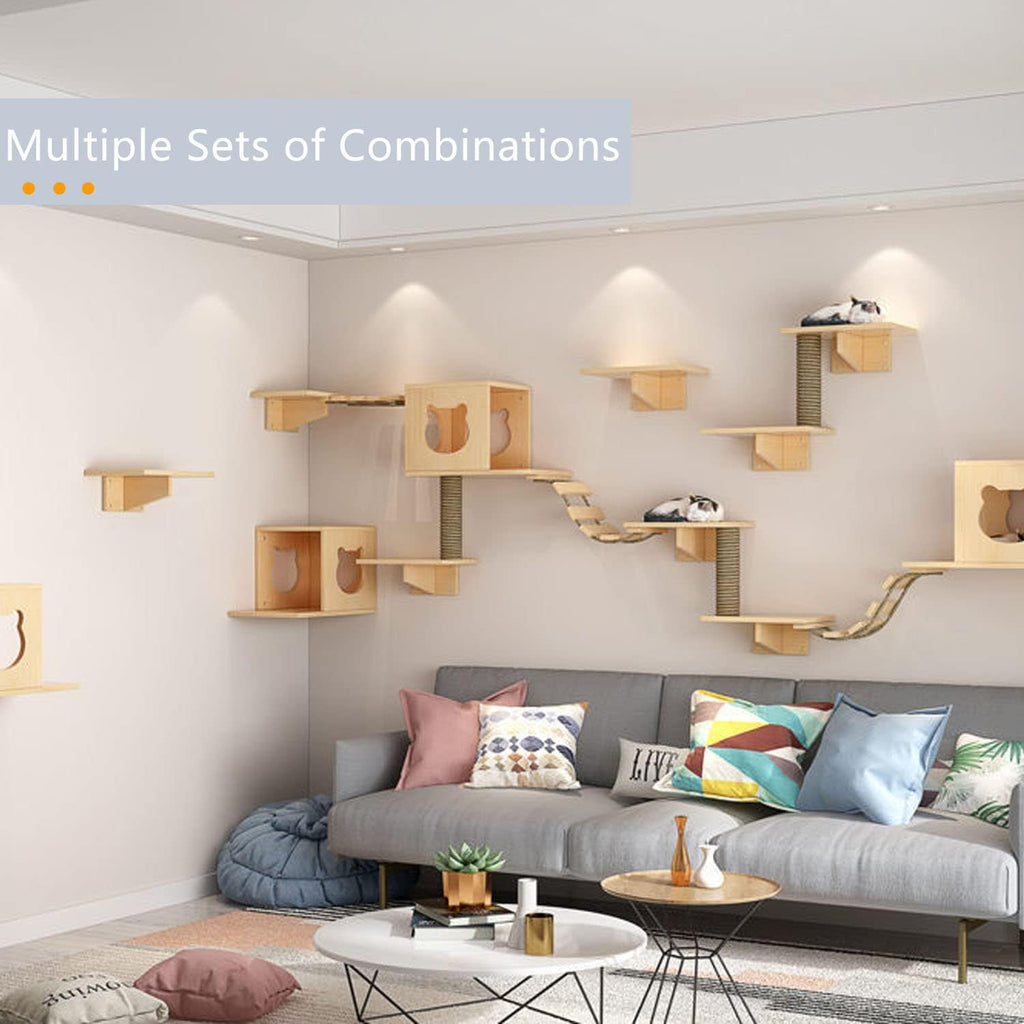 Cat Wall Shelves and Furniture Set with Condos, Perches, Bridge Ladders, Sisal Scratching Posts - Steps and Houses