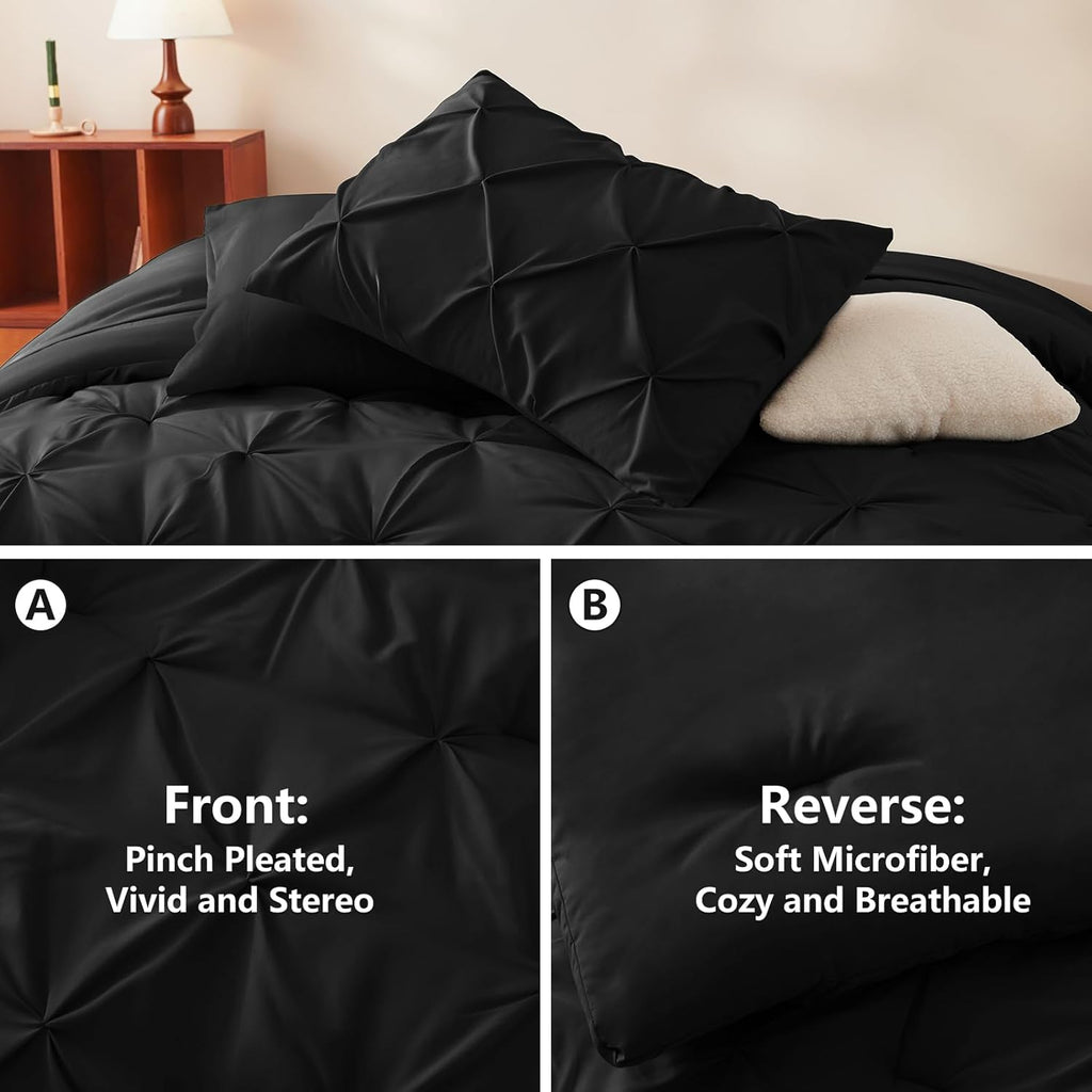 Queen Comforter Set 7 Pieces Bed in A Bag Black Luxury Soft Queen Bed Set Pintuck Pinch Pleat Bedding Sets with