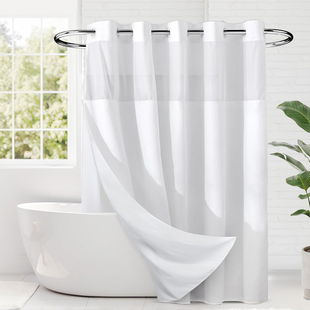 RiverDream Heavyweight Waffle No Hook Shower Curtain with Liner,White,71x74 | Dotted Waffle,Snap-in Liner,Heavy