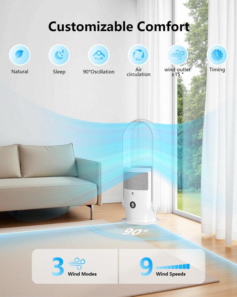 Bladeless Tower Fan and Air Purifier Combo, Quiet Oscillating Fan with Remote & Touch Control, 9 Speeds, 8H Timer
