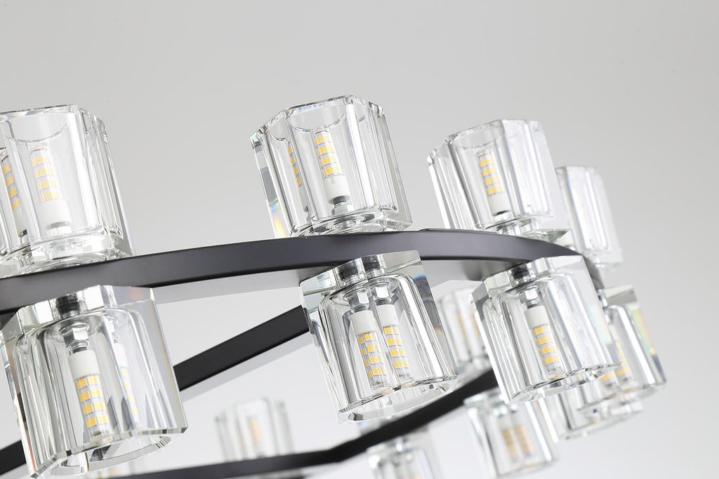 Inspired Arcachon Style Round Wagon Wheel Chandelier, 40" 40-Light Black, Crystal Shades — Foyer, Dining & Living Room