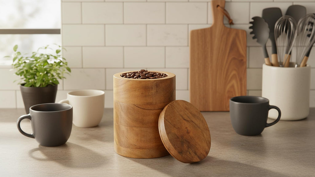 Decorative Acacia Wood Storage Jar With Wooden Lid For Dry Foods, Round Container For Cookies Coffee Tea Flour Sugar