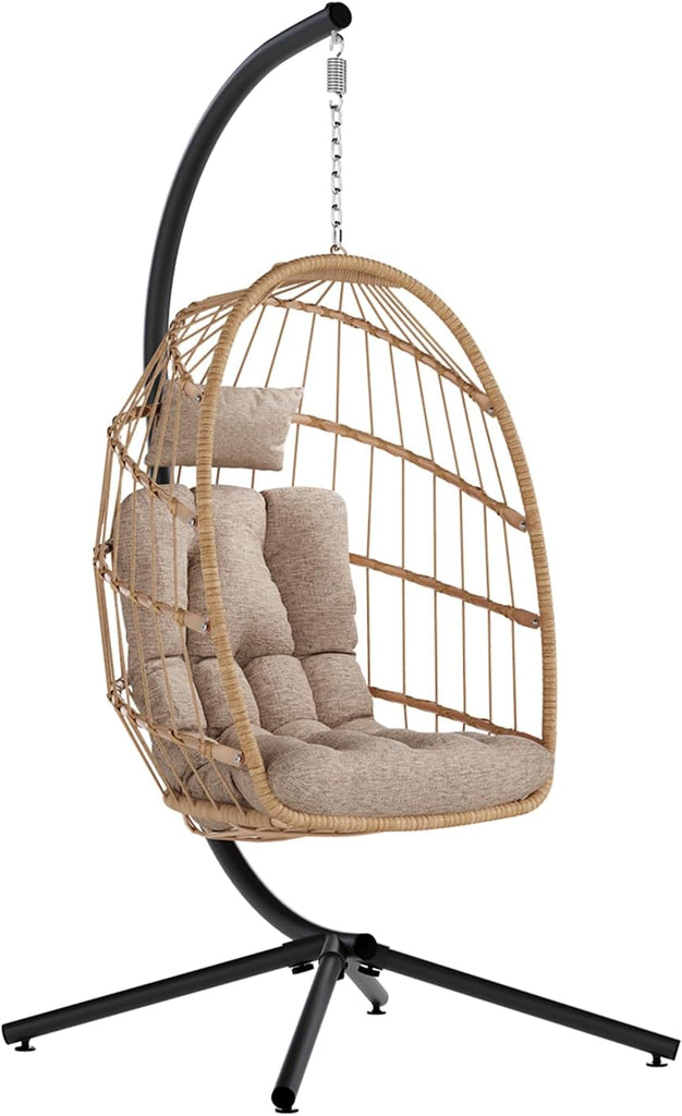 Egg Chair Outdoor with Stand, Indoor Wicker Hanging Egg Swing Chair with Cushion, 370lbs Capacity , Garden - Cream