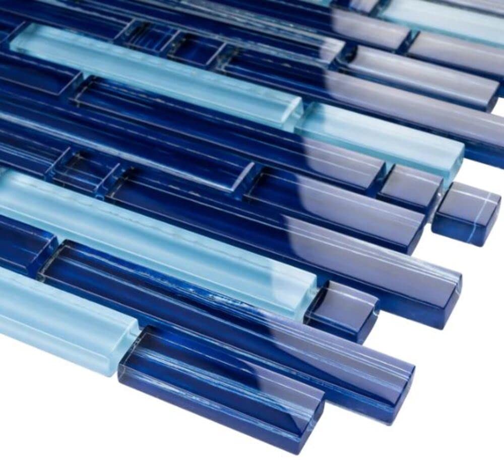 Cobalt Blue Mountain Glass Tile Backsplash, Shower Walls, Accent Borders, and Pool Areas with Random Blue Pattern
