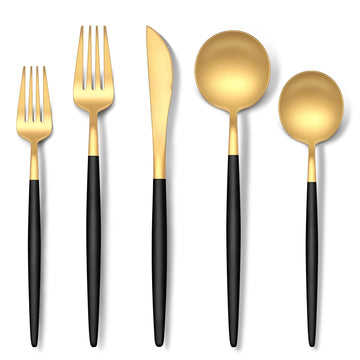 30-Piece Matte Black Gold Silverware Set, Stainless Steel Gold Utensils Cutlery Set, Satin Finish Flatware Set for 6