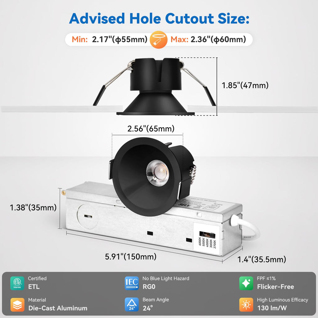 Black Anti Glare 2 Inch Recessed Lighting Canless Spotlight 6-Pack