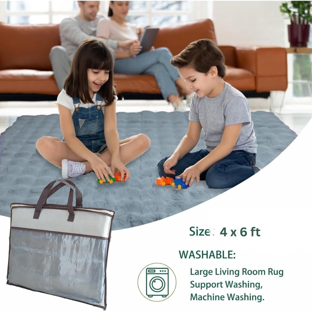 Faux Rabbit Fur Rug 4x6 ft Cloud Gray Bubble Fur Area Rug Washable