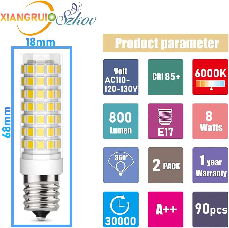E17 LED Bulb Dimmable 8W Consumption 80W Equiavlent Halogen Bubs,800LM,AC 110-130V,CRI:≧85Ra,S11 T8 T7 E17