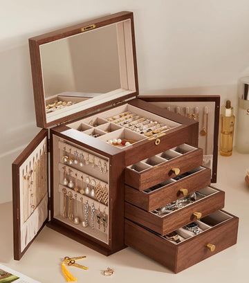 Black Walnut Wooden Jewelry Box for Women with Lock, Mirror, 5 Layer