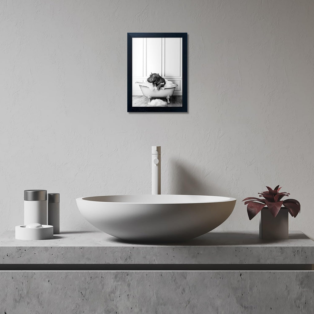 Framed Bathroom Decor Wall Art Black and White Canvas Print Cute Hippo in Bathtub Wall Art Bathrom Painting for Wall