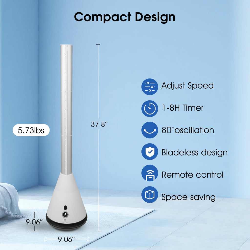 Bladeless Tower Fan with Remote, 80° Oscillating Air Circulator Fan, 9 Speeds, 8H Timer, Floor Fan Bedroom, Kitchen