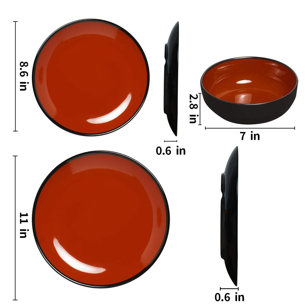 TP 18-Piece Melamine Dinnerware Sets, Service for 6, Black&Red