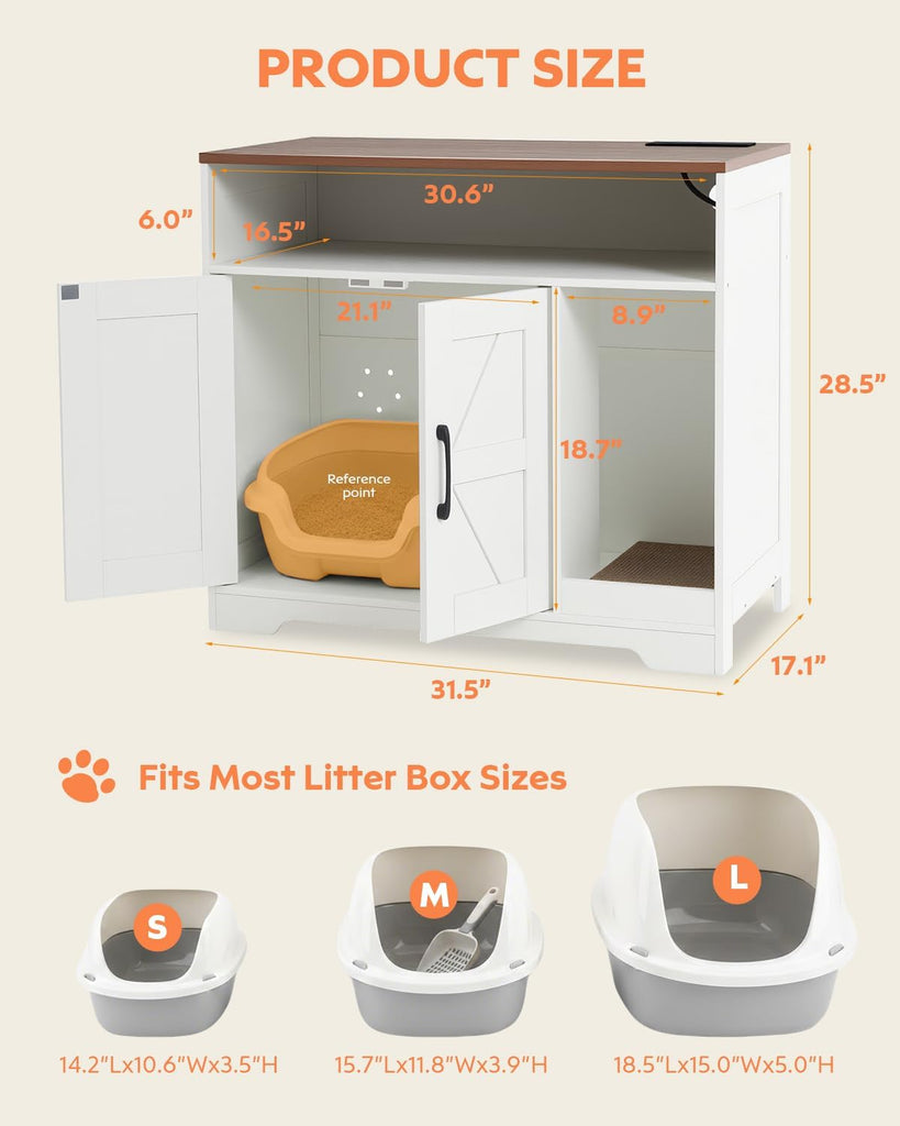 Cat Litter Box Enclosure Furniture with 2-Tier Storage, Hidden Cat Litter Box Cabinet with Scratch Pad & Charging