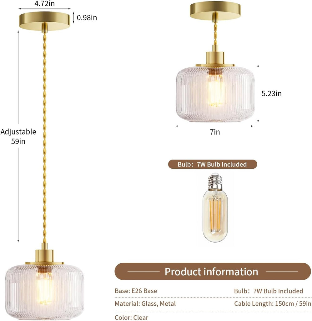 Clear Striped Glass Pendant Light, Gold Vintage Hand Blown Pendant Lamp, E26 7W LED Bulb Included, Adjustable