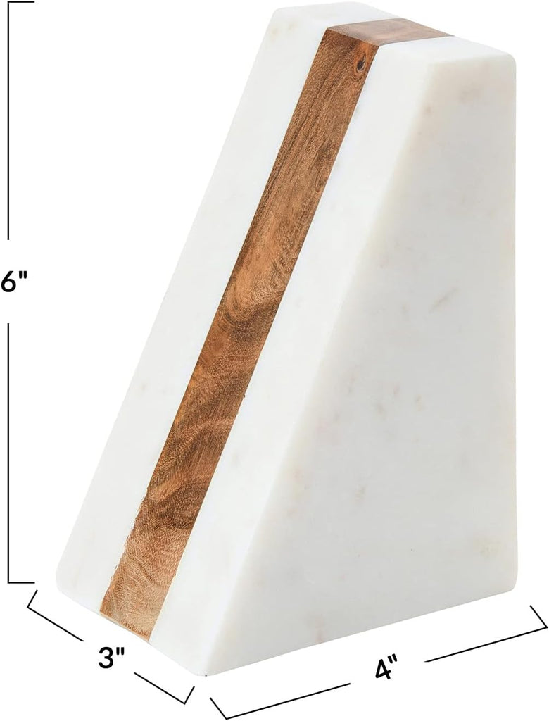 Marble Geometric Bookends with Wood Inlay, White