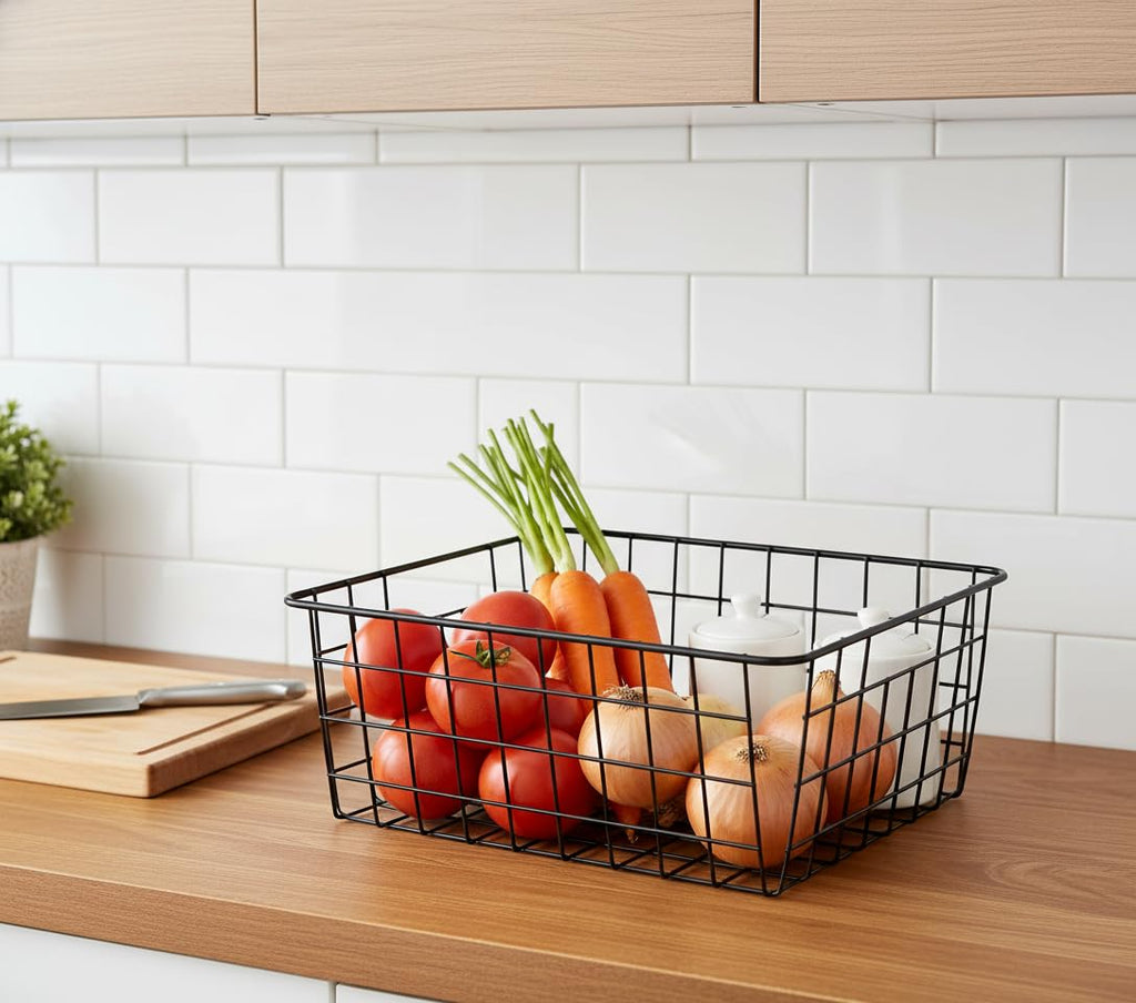 Wire Baskets with Handles Wire Storage Organizer Bin Baskets, Pantry, Closets, Bedrooms - Set of 2(Black)