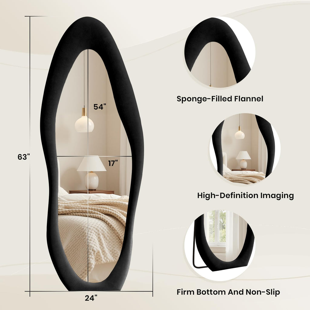 Full Length Mirror 63"x24" Irregular Full Body Wall Mounted Floor Mirror with Stand Black Flannel Wrapped Frame