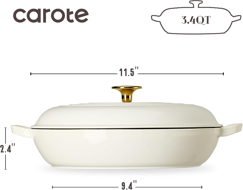 3.4QT Enamel Cast Iron Cookware, Skillet with Lid, White Dutch Oven | Shallow Round Braiser Pan Oven Safe, Non-Toxic