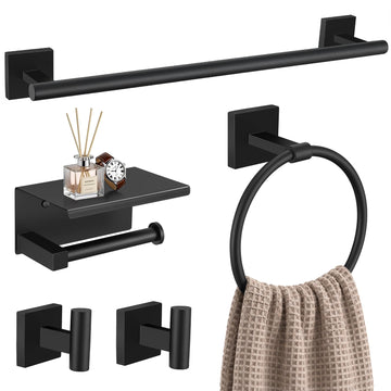 5-Pieces Matte Black Bathroom Hardware Set 23.6 Inch Stainless Steel Towel Bar Set Wall Mounted Square Toilet