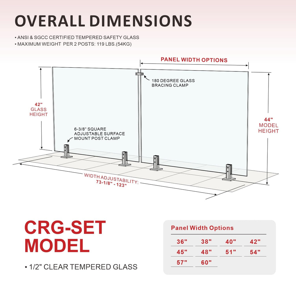 2-Panel Tempered Glass Railing System, 73-75" W x 44" H Deck Railing Kit