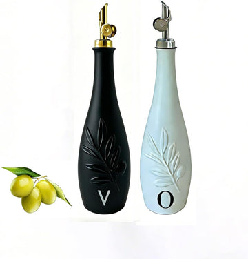 Oil and Vinegar Dispenser, 11.8oz Ceramic Leak Proof Olive Oil Bottle with Self-Closing Stainless Steel - Set of 2
