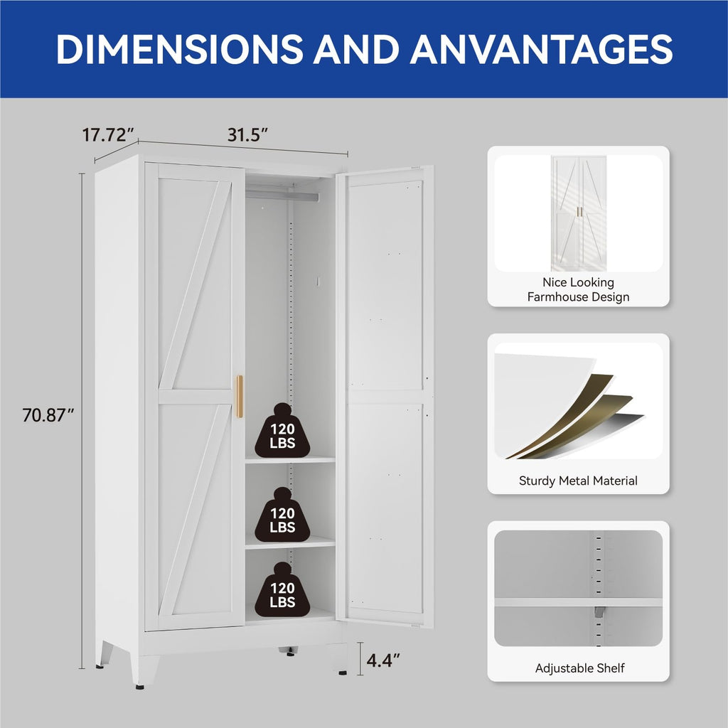 71'' Metal Wardrobe Closet, Bedroom Armoire Cabinet with Adjustable Hanging Rod and Shelves, 2 Doors Farmhouse Closet