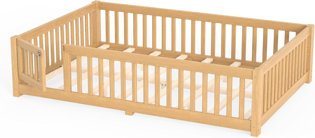 Queen Size Montessori Floor Bed Frame with Slats and Fence for Kids,Natural | Solid Wood,Full Surround Safety