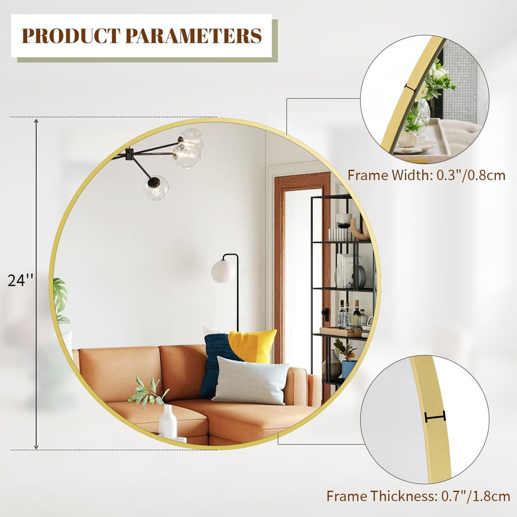 24 Inch Round Mirror, Metal Frame Circle Mirror, Wall Mounted , Vanity, Living Room, Gold