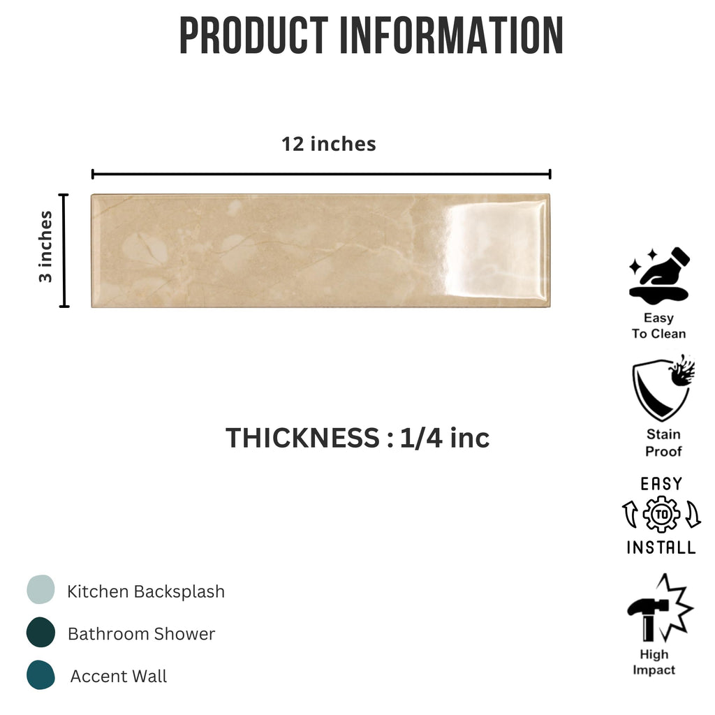 Soft Beige 3x12 Glossy Porcelain Subway Tile - Stone Look Wall Tile Backsplash, Bathroom & Shower Walls (50 Pieces