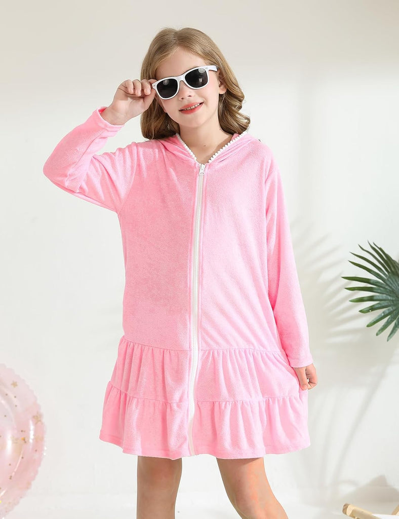 Girls Swim Cover Up Kids Long Sleeve Swimsuit Coverup Terry Beach Pool Clothes with Sunglasses