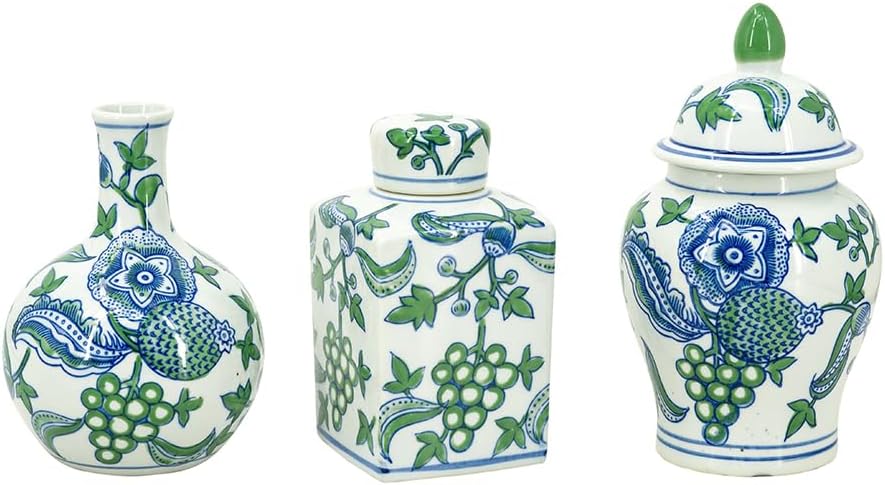 Decorative Porcelain Home Accents with Blue and Green Cherry Blossom Motif, Includes Traditional Ginger Jar - Set of 3